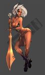  2015 breasts cleavage clothed clothing dark_skin female fred-h hair horn humanoid melee_weapon meme solo sword weapon white_hair 