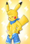  anthro ascot balls blush clothed clothing cum cum_on_penis cute diskodeath erection eyes_closed fan_character hair half-dressed hand_on_hip long_ears male mammal mouse nintendo penis pikachu pok&eacute;mon rodent rosy_cheeks short_hair shorts smile solo standing tongue tongue_out video_games 