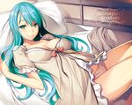  aqua_hair breasts cecile_von_klaud cleavage copyright_name fingernails green_eyes highres indoors kenja_no_mago kikuchi_seiji large_breasts long_fingernails long_hair looking_at_viewer lying nightgown nightgown_lift on_back panties pillow scan smile solo underwear 