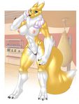  anthro areola barefoot big_breasts black_sclera blue_eyes breasts canine claws clothed clothing digimon erect_nipples female fox fur gym half-dressed looking_down mammal neck_tuft nipples open_mouth public pussy raised_arm renamon sharp_claws solo standing sweat thong thunder-renamon toe_claws tongue topless towel translucent transparent_clothing tuft 