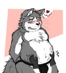  &lt;3 belly belly_rub big_belly blush bulge canine chest_tuft chubby clothing disembodied_hand duo fur grimace jockstrap male mammal navel qmanshark tuft underwear 