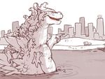  ambiguous_gender beach billboard city godzilla godzilla_(series) iguanamouth looking_back pier pointing riding riding_on_head scalie sea seaside skyscraper water young 