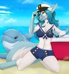  2015 anchor anthro beach breasts canine cetacean clothed clothing digitigrade dolphin duo female feral fox fur half-dressed hat mammal marine outside sailor seaside skimpy smile watermark wolflady 