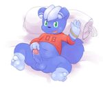  anthro anthrofied balls barefoot bed bottomless clothed clothing cub digital_media_(artwork) erection foreskin_pull half-dressed hoodie humanoid_penis lambent looking_at_viewer lying male meowstic naughty_face nintendo on_back on_bed open_mouth overweight penis pillow pok&eacute;mon precum signature smile solo spread_legs spreading vein veiny_penis video_games waving young 
