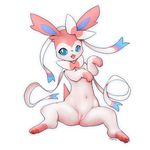  anus bow canine censored cyan_eyes digital_media_(artwork) eeveelution female feral flucra fur long_ears looking_at_viewer lying mammal navel nintendo on_back open_mouth pawpads paws pink_fur pok&eacute;mon pussy quadruped sharp_teeth simple_background smile solo spread_legs spreading sylveon teeth tongue video_games white_background 