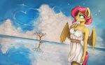  2015 anthro anthrofied clothed clothing cloud dress equine female fluttershy_(mlp) friendship_is_magic hair hi_re mammal my_little_pony outside pegasus pink_hair rain-gear smile solo water wings 