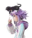  animal animal_on_head bell bell_collar cat cat_on_head collar from_side hair_ornament highres hood hooded_track_jacket index_finger_raised jacket neptune_(choujigen_game_neptune) neptune_(series) on_head profile purple_eyes purple_hair segamark simple_background smile solo track_jacket white_background 