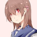  bad_id bad_pixiv_id blush brown_hair eyebrows eyebrows_visible_through_hair hair_between_eyes hair_ornament hair_over_eyes hairclip mizushirazu original red_eyes school_uniform serafuku short_hair solo sweatdrop 