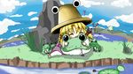  bad_id bad_pixiv_id beamed_eighth_notes blonde_hair bug butterfly closed_eyes cloud day eighth_note frog grass hat hug insect m-y-w moriya_suwako mountain musical_note ribbon rock sky solo touhou water 
