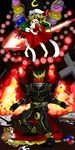  1girl armor arrow battle belt blonde_hair bodysuit crossover danmaku flandre_scarlet hat kamen_rider kamen_rider_kuuga kamen_rider_kuuga_(series) kouno_miki mob_cap oekaki skin_tight touhou 