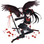  bandages bird black_hair blood eagle earrings flower hair_ribbon jewelry katana legs long_hair mizushirazu navel original petals pinky_out red_eyes ribbon school_uniform serafuku skirt solo sword thighhighs torn_clothes twintails weapon zettai_ryouiki 