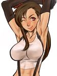  armpits black_hair breasts cleavage crop_top dynamite-kit final_fantasy final_fantasy_vii fingerless_gloves gloves large_breasts long_hair midriff one_eye_closed red_eyes solo suspenders tank_top tifa_lockhart upper_body 