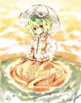  ascot green_hair head_tilt kazami_yuuka nature parasol plaid plaid_skirt plaid_vest red_eyes rl short_hair sitting skirt skirt_set smile solo touhou umbrella vest 