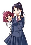  black_eyes kanbara_satomi miyabe_makoto multiple_girls necktie pleated_skirt ponytail purple_hair red_hair saki school_uniform short_hair skirt sweat tsuruga_school_uniform tsuyama_mutsuki 