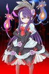  absurdres beatrice_(wild_arms) black_gloves dress flower gloves hair_flower hair_ornament highres kanon_(kurogane_knights) orange_eyes pantyhose parody purple_hair red_background rose solo umineko_no_naku_koro_ni wild_arms wild_arms_3 