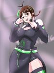  akizuki_ritsuko bad_id bad_pixiv_id braid breasts brown_hair cleavage detached_sleeves earrings flower glasses idolmaster idolmaster_(classic) jewelry large_breasts microphone rose skirt solo tengu_(tetuo_kun) thighhighs twin_braids zettai_ryouiki 