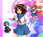  asahina_mikuru bad_id bad_pixiv_id brown_eyes brown_hair cardigan chibi earl_grey hairband kita_high_school_uniform multiple_girls nagato_yuki pom_poms school_uniform short_hair suzumiya_haruhi suzumiya_haruhi_no_yuuutsu 