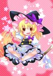  blonde_hair braid broom hand_behind_head hat indian_style kirisame_marisa ogakuru polka_dot polka_dot_background short_hair sitting solo touhou witch_hat yellow_eyes 