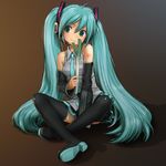  aqua_eyes aqua_hair aqua_nails breasts closed_mouth detached_sleeves hatsune_miku headphones headset long_hair nail_polish necktie rustle sitting skirt small_breasts smile solo spring_onion thighhighs twintails very_long_hair vocaloid zettai_ryouiki 