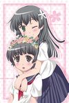  blush flower green_eyes head_wreath hug long_hair multiple_girls one_eye_closed sakugawa_school_uniform saten_ruiko school_uniform serafuku short_hair skirt to_aru_kagaku_no_railgun to_aru_majutsu_no_index uiharu_kazari usakou yuri 