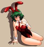  animal_ears bare_legs blush breasts bunny_ears bunny_girl bunnysuit cleavage daisy fake_animal_ears flower hair_flower hair_ornament hand_on_own_chest kanzume kazami_yuuka large_breasts leaning_forward necktie red_eyes red_neckwear short_hair simple_background solo touhou wrist_cuffs 