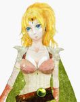  1girl belt blonde_hair blue_eyes breasts cape cleavage earrings elbow_gloves female final_fantasy final_fantasy_iv gloves jewelry leotard long_hair nattouumai ponytail rosa_farrell shoulder_pads solo tiara white_background 