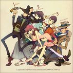  4boys arsene_lupin_iii bad_id bad_pixiv_id beard blue_neckwear dress everyone facial_hair fedora formal gun handgun hat ishikawa_goemon_xiii jacket jigen_daisuke lupin_iii mine_fujiko multiple_boys necktie ninton purple_neckwear red_jacket revolver sideburns suit weapon zenigata_kouichi 