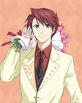 blue_eyes bouquet cross flower juu_ya male_focus necktie red_hair smile solo umineko_no_naku_koro_ni ushiromiya_battler 