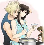  apron black_hair blonde_hair blue_eyes braid brown_hair cloud_strife cooking couple denzel emikuma final_fantasy final_fantasy_vii lips long_hair marlene_wallace plate red_eyes short_hair single_braid spiked_hair spiky_hair tank_top tanktop tifa_lockhart 