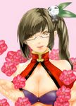  bad_id bad_pixiv_id blazblue breasts cleavage cleavage_cutout fenrir_(pixiv) flower glasses lao_jiu large_breasts litchi_faye_ling long_hair orange_eyes panda ponytail side_ponytail solo 