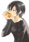  black_hair copyright_request eating food fruit hands persimmon sakamoto_atsumu short_hair solo 