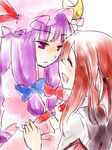  bow close-up closed_eyes expressionless hair_bow happy hat head_wings koakuma long_hair multiple_girls myama open_mouth patchouli_knowledge purple_eyes purple_hair red_hair smile touhou 