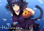  animal_ears blue_eyes blue_hair capcom cat_ears cat_tail devil_may_cry devil_may_cry_3 dress gloves halloween heterochromia jack-o'-lantern jack-o-lantern lady lady_(devil_may_cry) miniskirt pumpkin red_eyes scar short_hair skirt tail taro_(artist) 