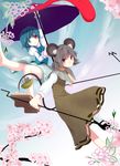  animal_ears bad_id bad_pixiv_id basket blue_eyes blue_hair geta grey_hair heterochromia jewelry kamata_yuuya karakasa_obake long_hair mouse mouse_ears mouse_tail multiple_girls nazrin pendant purple_umbrella red_eyes sandals short_hair tail tatara_kogasa tongue touhou umbrella 