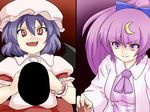  alternate_hairstyle blue_hair crescent crescent_hair_ornament frown hair_ornament hat long_hair miki_purasu multiple_girls no_hat no_headwear patchouli_knowledge purple_eyes purple_hair red_eyes remilia_scarlet short_hair touhou upper_body 