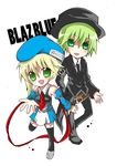  1girl bad_id bad_pixiv_id beret blazblue blonde_hair blush chibi detached_sleeves fedora green_eyes green_hair hat hazama highres necktie noel_vermillion okaashii thighhighs 