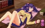  bad_id bad_pixiv_id barefoot book bookshelf c.z. clannad hair_bobbles hair_ornament hands highres hikarizaka_private_high_school_uniform ichinose_kotomi indoors long_hair lying panties pantyshot pantyshot_(lying) purple_hair school_uniform sleeping solo thermos underwear 