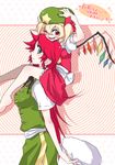  barefoot blonde_hair blue_eyes braid carrying flandre_scarlet hands hat headwear_switch hong_meiling long_hair multiple_girls red_eyes short_hair shoulder_carry side_ponytail tima touhou twin_braids wings 