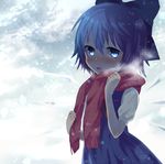 bad_id bad_pixiv_id blue21 blue_eyes blue_hair blush bow breath cirno hair_bow open_mouth scarf short_hair snowing solo touhou wings 