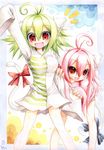  ahoge animal_ears blush bow cat_ears cat_tail copyright_request emperpep green_hair multiple_girls open_mouth pink_hair red_eyes tail traditional_media watercolor_(medium) waving 
