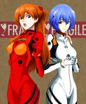  ayanami_rei blue_eyes bodysuit hands_clasped long_hair multiple_girls nasunasunasubi neon_genesis_evangelion open_mouth orange_hair own_hands_together plugsuit pointing red_eyes shikinami_asuka_langley short_hair smile souryuu_asuka_langley white_bodysuit 