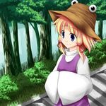  blonde_hair blue_eyes bluepony forest hair_ribbon hands_in_opposite_sleeves hat moriya_suwako nature ribbon short_hair smile solo stairs touhou tree 