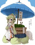  7010 animal_ears bare_shoulders blue_eyes centauroid food forest_of_pixiv fruit green_hair monster_girl simple_background solo translation_request umbrella watermelon white_background 