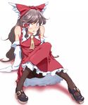  arm_support aya_shachou bare_shoulders black_legwear bow brown_hair colored_eyelashes detached_sleeves eyelashes hakurei_reimu highres long_hair mary_janes panties panties_under_pantyhose pantyhose pantyshot pantyshot_(sitting) red_eyes shoes sitting solo touhou underwear 