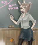  animal_ears bespectacled burmecian chalkboard check_translation contemporary duster final_fantasy final_fantasy_ix freija_crescent furry glasses green_eyes hair_up kemuri-kiyoshi long_hair pencil_skirt pointer rat_ears rat_tail red-framed_eyewear ribbon semi-rimless_eyewear shirt silver_hair skirt sleeves_rolled_up solo tail tail_ribbon teacher thighhighs translated translation_request 