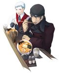  aragaki_shinjirou bad_id bad_pixiv_id bandages beanie brown_hair chopsticks eating food gloves hat male_focus multiple_boys persona persona_3 sanada_akihiko school_uniform smile trench_coat 