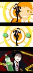  adachi_tooru black_hair bottle business_suit cabbage caution_tape close-up crazy_eyes dancing food formal grin happy highres keep_out male_focus motion_blur necktie one_eye_closed parody persona persona_4 poppippoo_(vocaloid) shoes smile spoilers suit sunday31 v vegetable_juice vocaloid yellow_eyes 