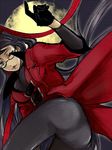  1girl bayonetta bayonetta_(character) beauty_mark black_hair blue_eyes capcom creator_connection dante dante_(cosplay) dante_(devil_may_cry) devil_may_cry glasses long_hair mole moon red_ribbon ribbon roken_brushwood trench_coat trenchcoat tsuneaki_(dosnan) very_long_hair wink 