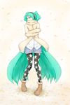  aqua_eyes aqua_hair blush boots cold denim denim_skirt hatsune_miku headphones highres jaco legs long_hair miniskirt pantyhose print_legwear scarf skirt solo star star_print very_long_hair vocaloid winter_clothes 