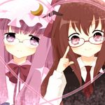  bad_id bad_pixiv_id bespectacled bow glasses hat head_wings heart koakuma multiple_girls necktie patchouli_knowledge purin_jiisan purple_eyes purple_hair red_eyes red_hair touhou traditional_media 